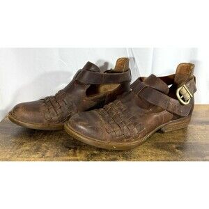 Born Viveka Boots Womens 8M Brown Woven Leather Ankle Booties T-Strap Buckle